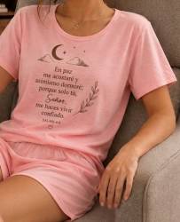 PIJAMA MUJER VERANO ROSA 100% ALGODON SALMOS EN PAZ ME ACOSTARE BIBLIA