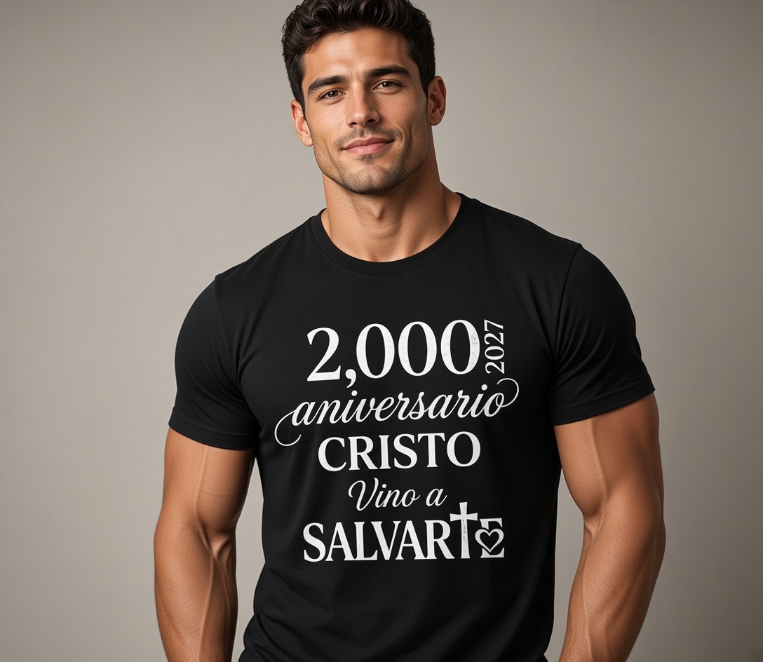 CAMISETA NEGRA MANGA CORTA 2000 ANIVERSARIO JESUS SALVADOR 2027 CRISTO
