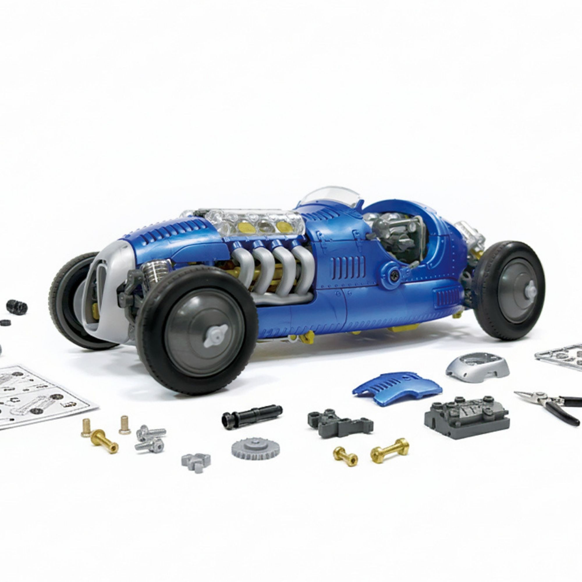 KIT DE COCHE DE CARRERAS RETRO AZUL CON MOTOR V8 TRANSPARENTE