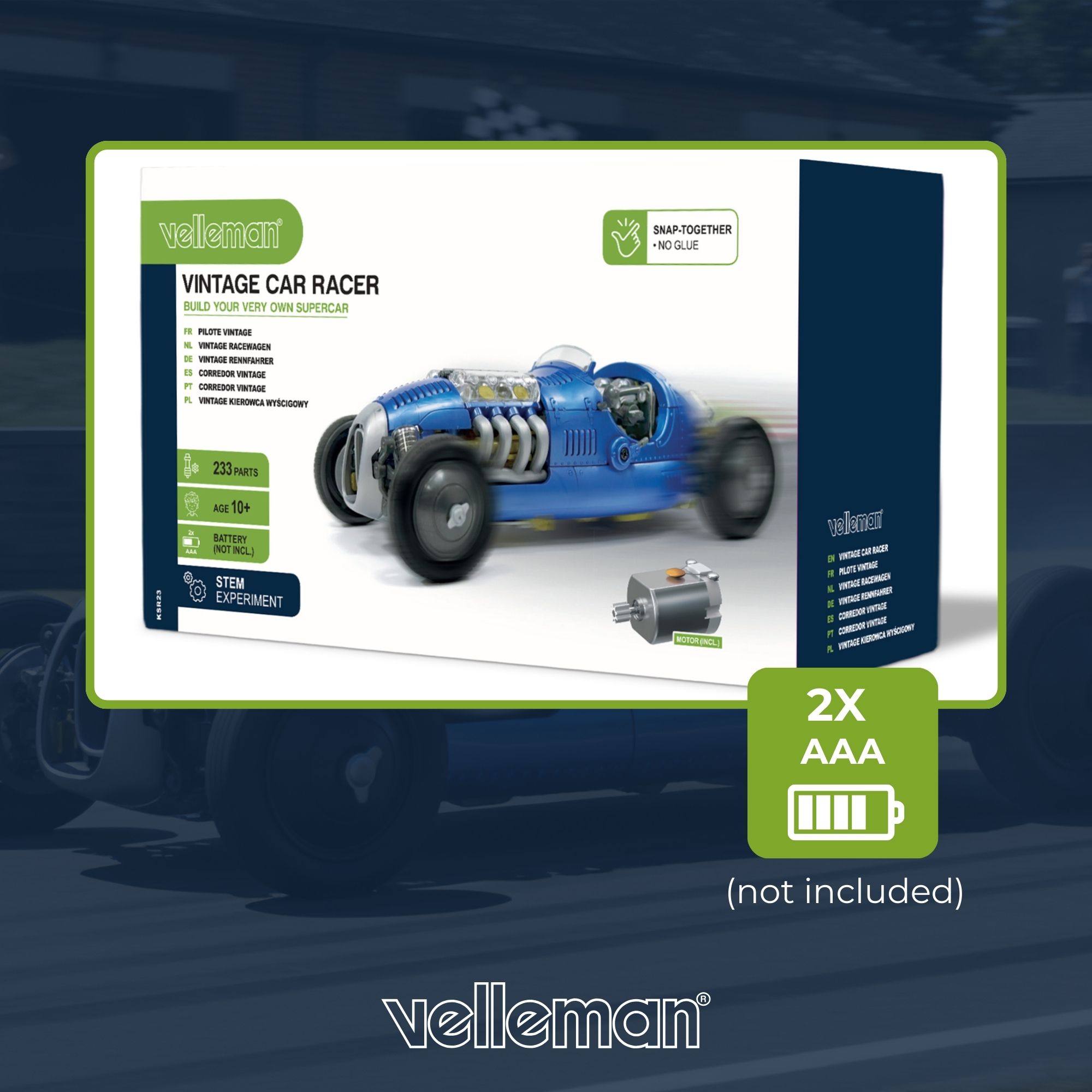 KIT DE COCHE DE CARRERAS RETRO AZUL CON MOTOR V8 TRANSPARENTE